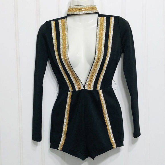 Fashion Nova Pants - Fashion Nova Romper Black Gold Silver Rhinestone Studs Beads